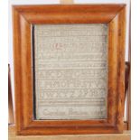 An alphabetical and numerical sampler, by Caroline Butcher,1798, 7 1/2" x 6 3/4", in maple frame