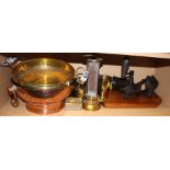 A Welsh brass miner's lamp, stamped "E T W", 9 1/2" high, a brass beaker, a mug, a coffee grinder,