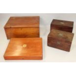 A mahogany box, 15" wide, a smaller mahogany box, a similar rosewood box and a brass mounted