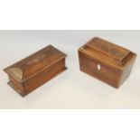 A mahogany and banded sarcophagus tea caddy, 7 3/4" wide, and an oak stationery box with eagle