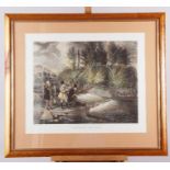 A pair of fishing prints, "Trolling for Pike" and "Fly Fishing", and a lithographic hunting scene