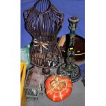 A miniature wirework mannequin, a turned wood and painted candelabrum, a miniature bird cage and a