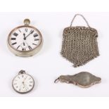 A white metal and mother-of-pearl folding lorgnette, a white metal mesh evening purse, a Goliath