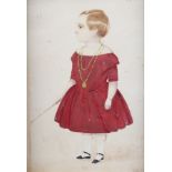 Naive School: a 19th century watercolour sketch of a young boy in a crimson gown, 7" x 5", in modern