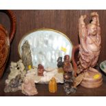 Six soapstone figures, a soapstone brush wash, mother-of-pearl playing counters, in gilt frame,
