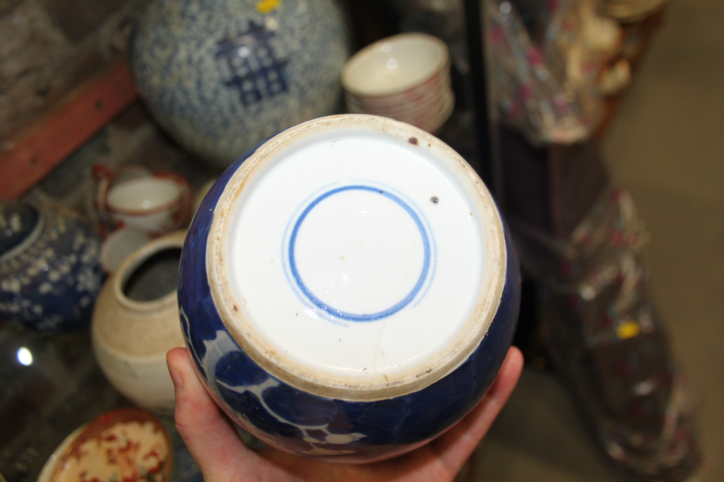 A Chinese blue and white bottle vase, 16" high (heavily restored), a collection of ginger jars, - Image 18 of 25