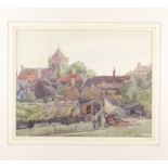 A Buck: watercolours, village with church, 11 1/4" x 14 1/4", in gilt strip frame, and H Walton,