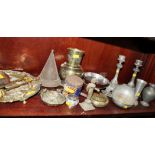 A Middle Eastern brass vase, a similar oval-shaped box, a pair of pewter candlesticks and other