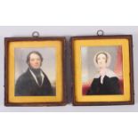 A pair of 19th century miniature portraits of a gentleman and a woman, in gilt borders and leather