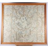 A panel of 18th century? silk embroidered scroll and flower work, 26" x 29", in strip frame, and a