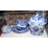 A blue and white tureen, decorated peonies, 10" high, a Wedgwood "Fallow Deer" pattern meat plate, a