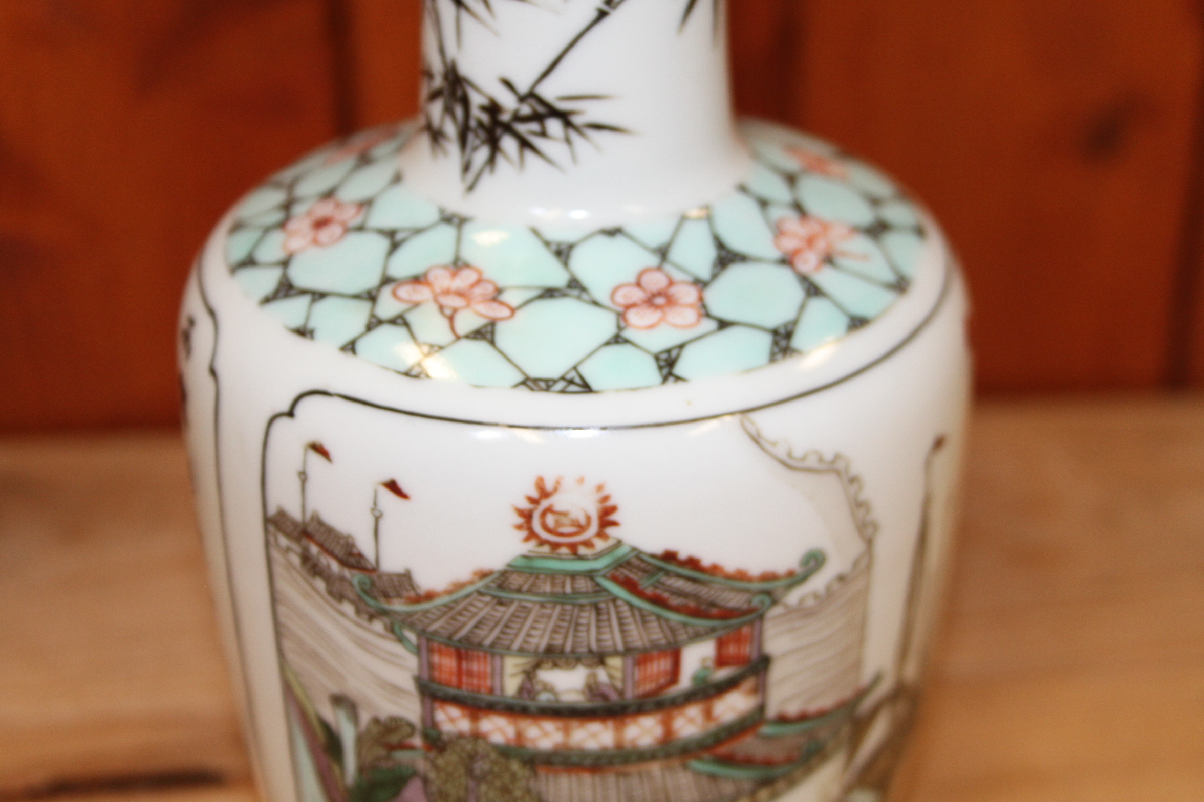 A Chinese famille vert vase, decorated pagoda and verse, 8 1/4" high - Image 6 of 12