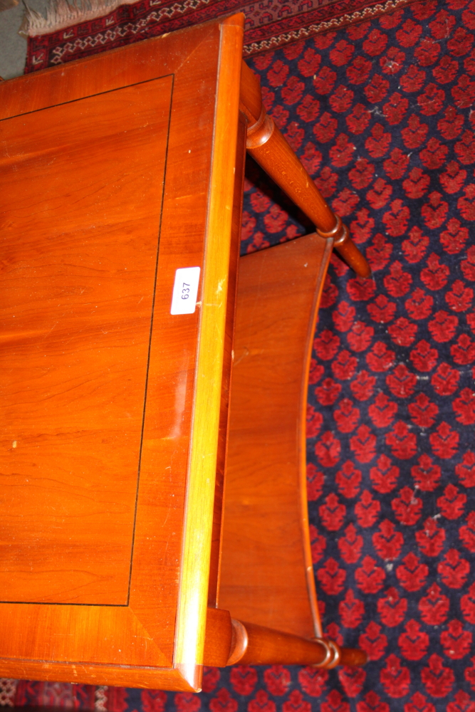 A yew wood and banded coffee table, 40" long, and a nest of three similar occasional tables, 23" - Image 8 of 8