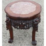 A Chinese carved hardwood and marble inset occasional table, on cabriole supports, 16" dia x 15"