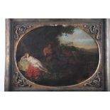 17th century Dutch School: oil on panel, reclining nude and satyr, 14" x 20", in gilt frame