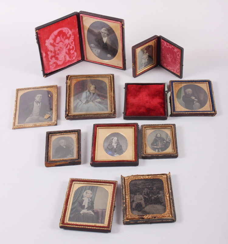 Ten 19th century photographic portraits of various figures, including a group of walkers and others