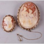 A 9ct gold mounted cameo brooch and another smaller similar brooch
