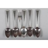 A silver christening spoon and fork set, 1.1oz troy approx, and four Georgian silver teaspoons, 2.