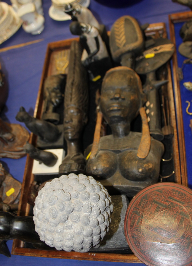 A quantity of composition and hardwood stands, busts, model cats, figures and other items