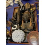 A quantity of composition and hardwood stands, busts, model cats, figures and other items