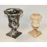 A marble campana urn, on square base, 7 3/4" high, and another similar, 6 1/2" high