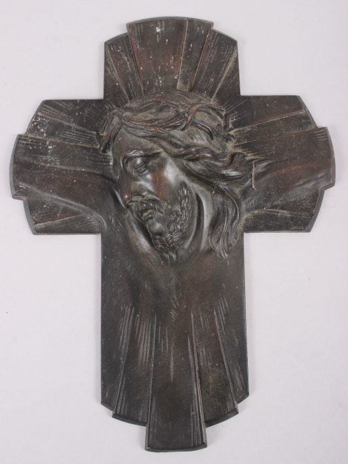 An Art Deco bronze relief cross cast bust of Christ, 9 1/4" wide