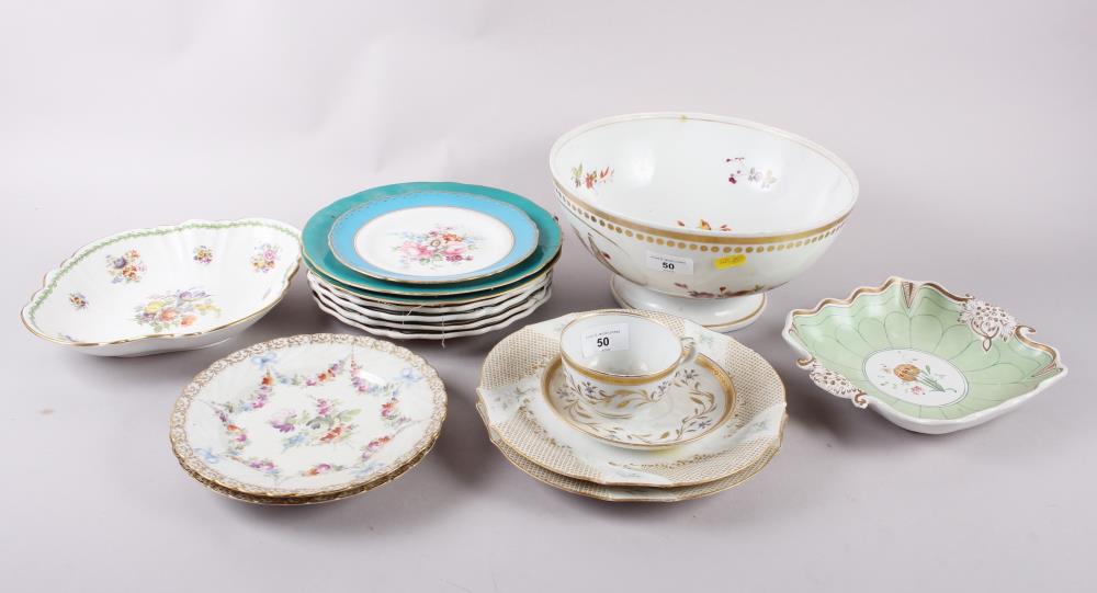 An English punch bowl, decorated floral sprays and ships, and a quantity of plates, various