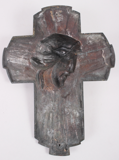 An Art Deco bronze relief cross cast bust of Christ, 9 1/4" wide - Image 3 of 3