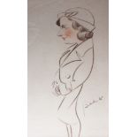 Bela K?: a crayon portrait of a woman in a trench coat, 21 1/2" x 13 1/2" in ebonised strip frame