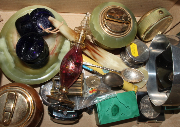 An enamel on silver pill box, a silver compact, silver spoons, a malachite trinket box, a scent