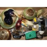 An enamel on silver pill box, a silver compact, silver spoons, a malachite trinket box, a scent