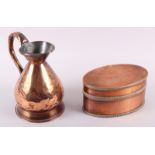 A copper flagon and an oval copper biscuit box