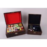 A rosewood and mother-of-pearl sewing box, containing sewing supplies, and a leather jewellery box