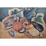 Daphne Janvrin: oil on canvas, still life of shells and leaves, 6 1/2" x 9 1/2", in gilt frame