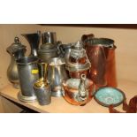 Four pewter tankards, a copper jug and other metalware