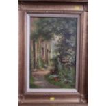 Joseph Wrightson McIntyre: oil on board, garden scene, 17" x 11", in gilt frame