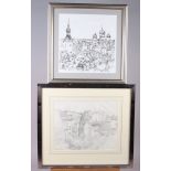 Judith Eddy: pen and ink sketch, Eastern European cityscape, 9 3/4" square, in silvered frame, and a