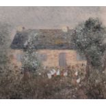 Gabrielle Bellocq: pastels, "Les Poules Picotants", 8" x 9 1/4", in gilt frame