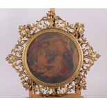 A colour print after Botticelli, in Florentine carved giltwood frame, 19" wide (damages), two