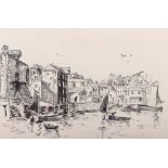 Agnes Hawkins: pen and ink, Padstow quay, 8 1/4" x 12", in strip frame