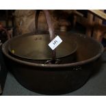 A large copper two-handled preserve pan, a similar smaller and a wooden box
