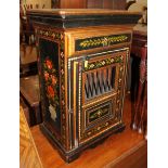 A Continental painted side cupboard, fitted one drawer over one grilled door, on bracket feet, 16"