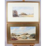 W S Tomkin: watercolours, coastal rock pools, 7 1/2" x 13 1/2", in gilt frame, and another similar