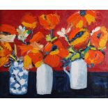 Penny Rees: oil on board, still life "Poppies", 19 1/4" x 23", in white painted frame