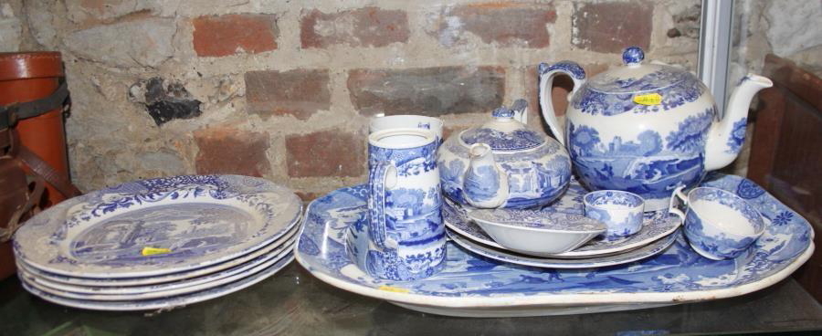 A Spode "Italian" meat plate, 18" wide, five matching plates, two teapots, and an assorted 19th