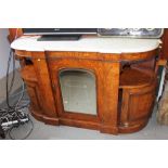A late 19th century figured walnut and inlaid break bowfront marble top credenza, fitted central