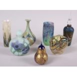An Isle of Wight blue and gilt glass paperweight, 3 1/2" high, two scent bottles and four glass