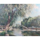 Stanley Orchart: oil on canvas, "Suspension Bridge, Bedford", 17 1/4" x 21 1/4", in gilt frame