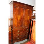 An early 19th century figured mahogany box and ebony strung linen press, the upper section with