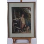 After R Westall: a pair of prints, woman in a wood, in gilt strip frames, three fashion plate
